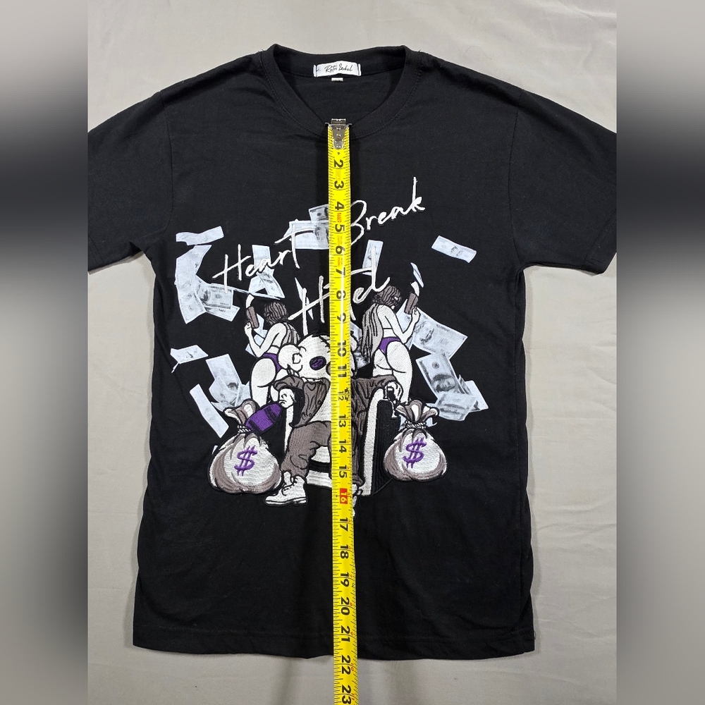 Black Graphic T-Shirt with Heart Break Hotel Design - Picture 5 of 8